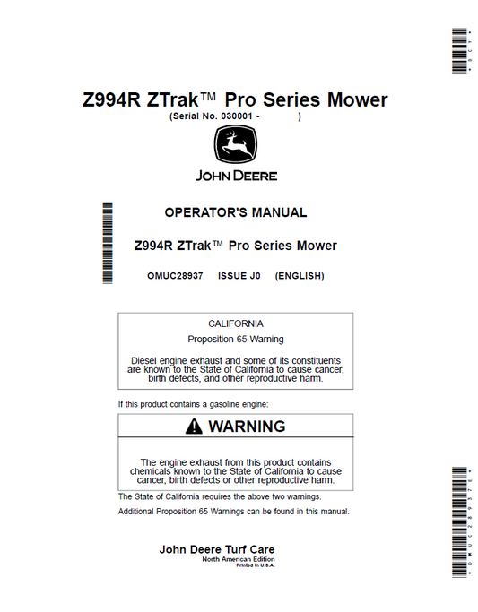 OMUC28937 - JOHN DEERE Z994R ZTRAK™ PRO SERIES MOWER OPERATOR MANUAL