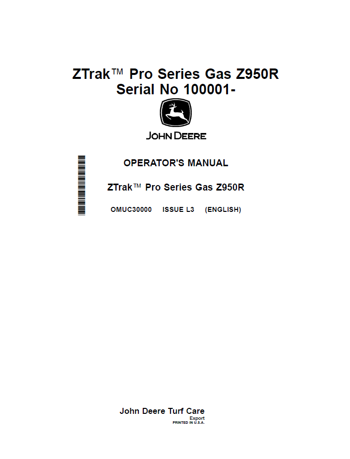 OMUC30000 John Deere ZTrak Z950R Operator Manual PDF Guide
