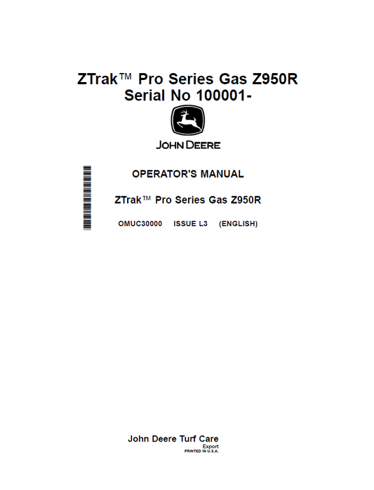 OMUC30000 John Deere ZTrak Z950R Operator Manual PDF Guide