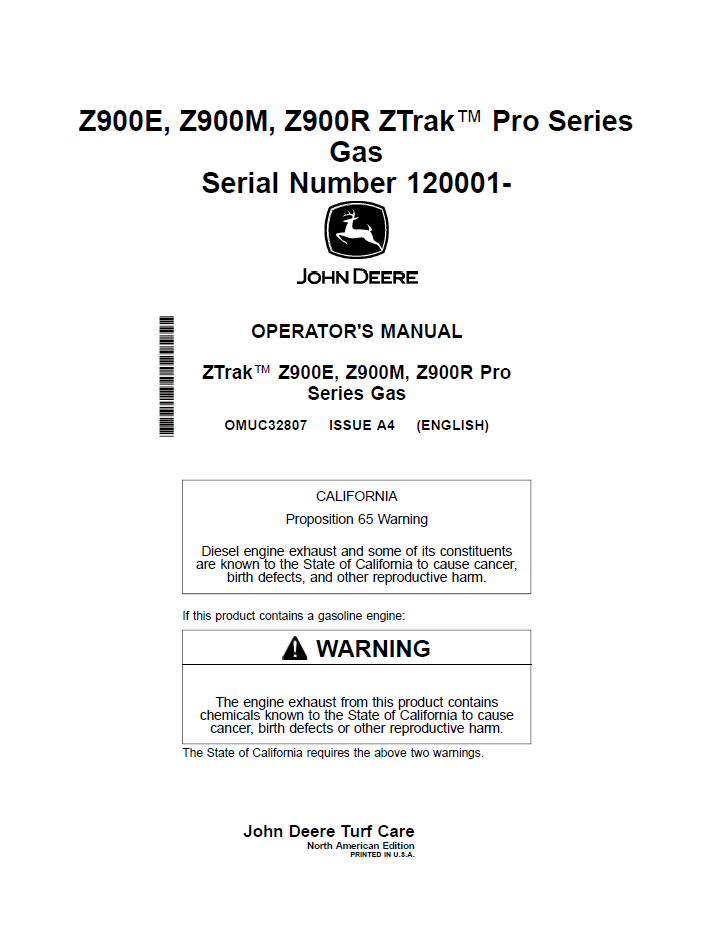 OMUC32807 - JOHN DEERE Z900E, Z900M, Z900R ZTRAK™ PRO SERIES GAS OPERATOR MANUAL
