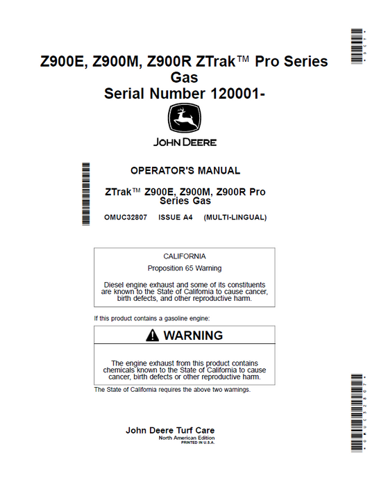 OMUC32807 John Deere Z900E Z900M Z900R ZTrak Operator Manual Guide