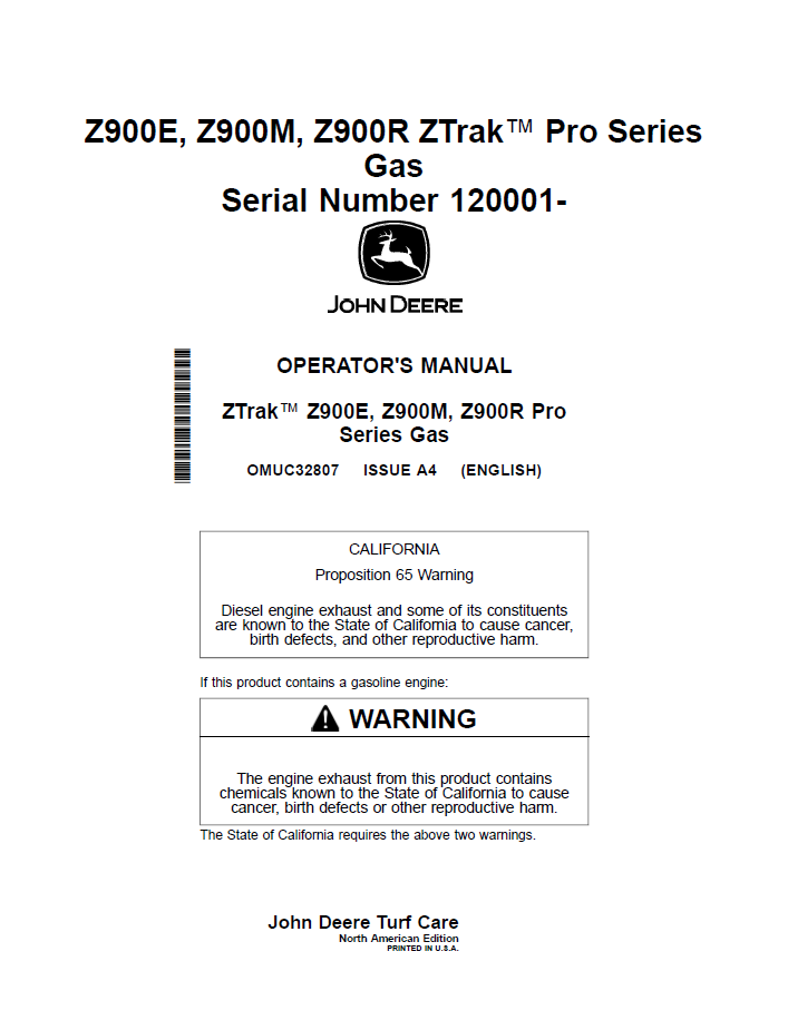 OMUC32807 John Deere Z900E, Z900M & Z900R ZTrak Pro Gas Manual