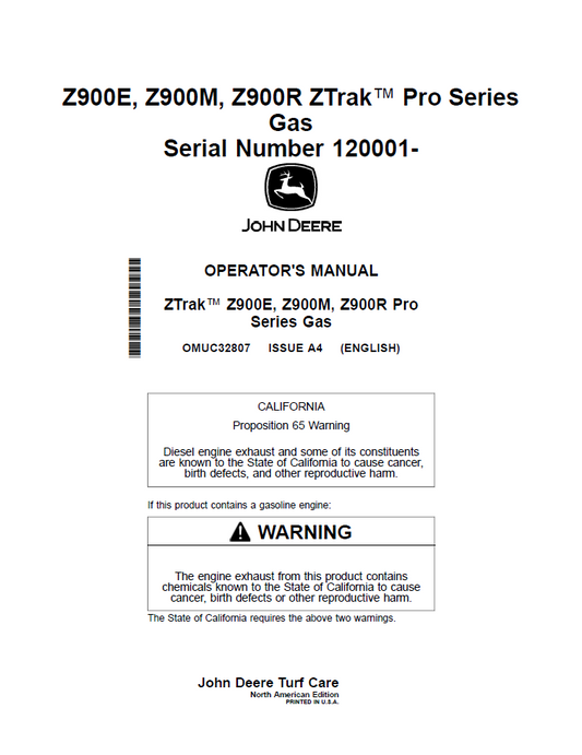 OMUC32807 John Deere Z900E, Z900M & Z900R ZTrak Pro Gas Manual