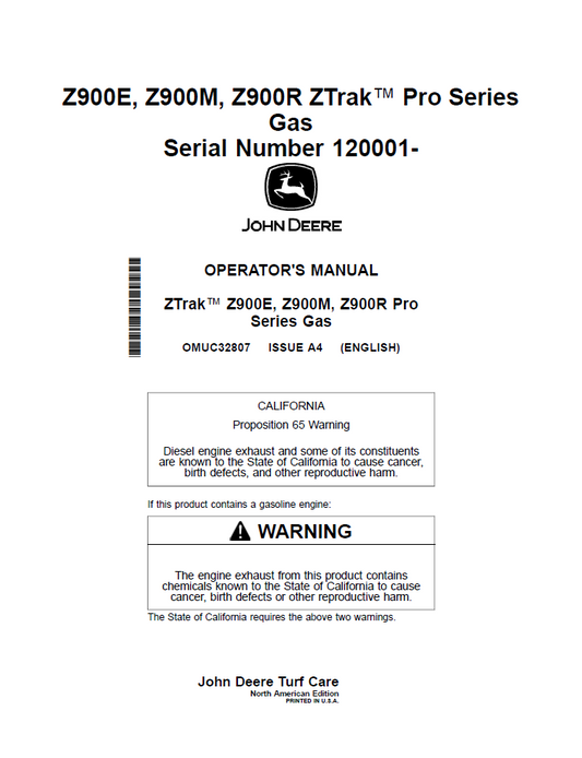OMUC32807 John Deere Z900E Z900M Z900R ZTrak Pro Gas Operator Manual