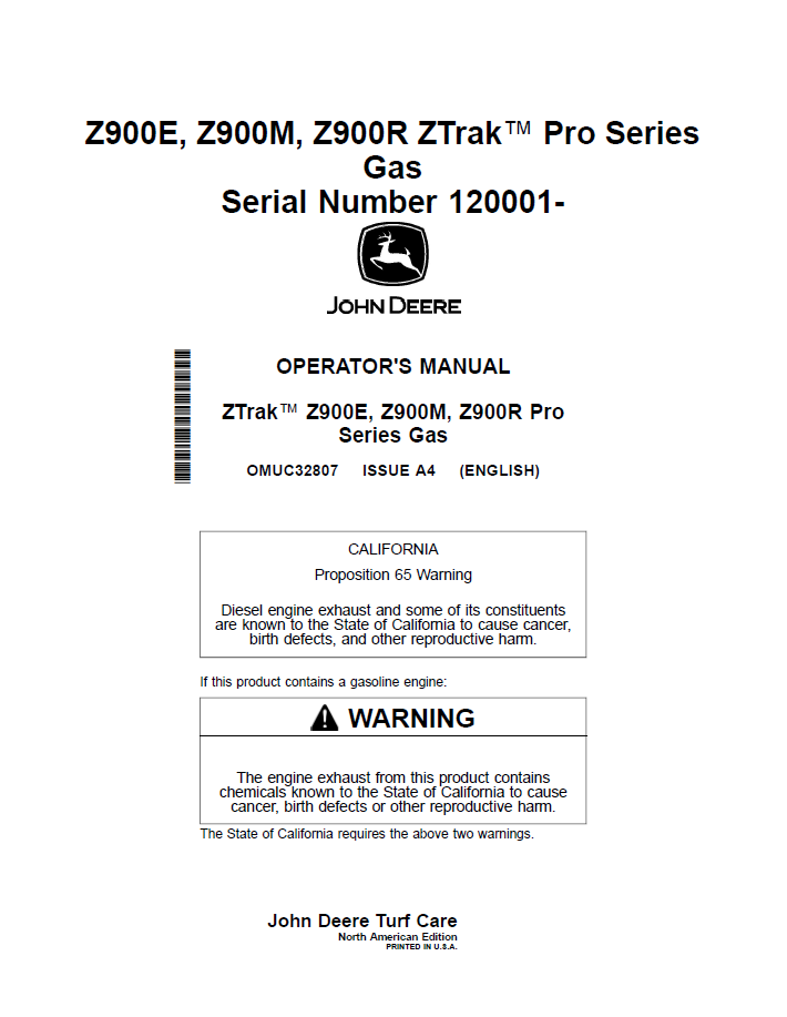 OMUC32807 John Deere Z900 Series ZTrak Pro Gas Operator Manual Guide