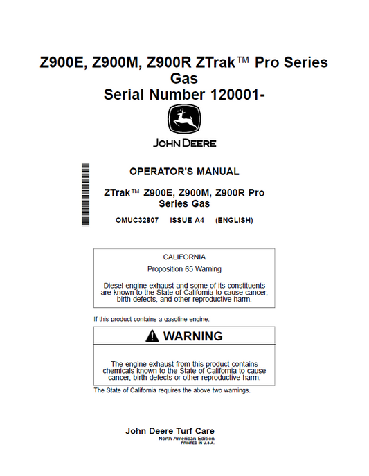 OMUC32807 John Deere Z900 Series ZTrak Pro Gas Operator Manual Guide