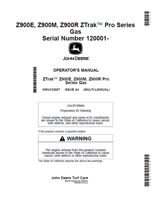 OMUC32807 John Deere Z900 ZTrak Pro Gas Operator Manual
