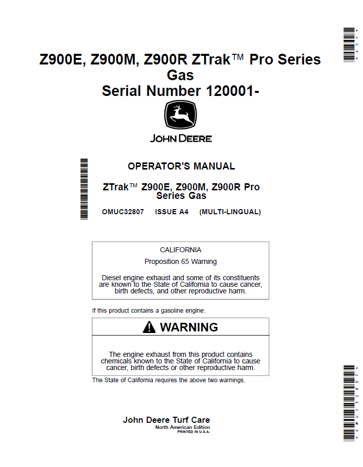 OMUC32807 John Deere Z900 ZTrak Pro Series Gas Operator Manual PDF