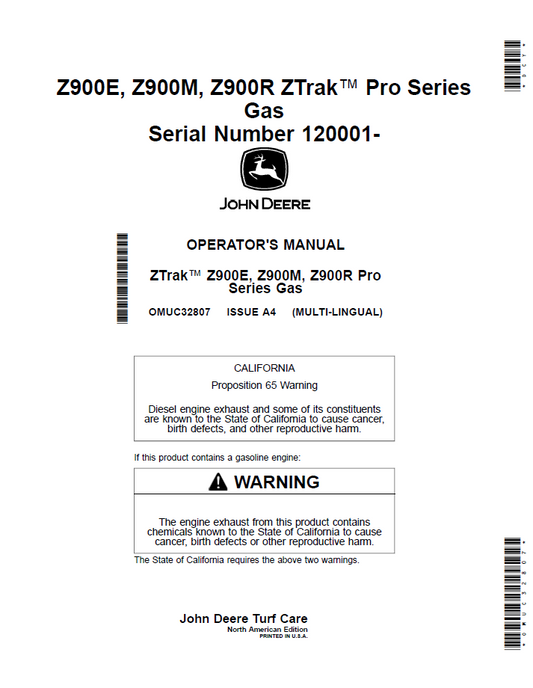OMUC32807 John Deere Z900 ZTrak Pro Series Gas Operator Manual