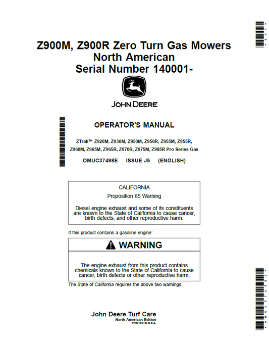 OMUC37498E John Deere Z900M & Z900R Operator Manual Download