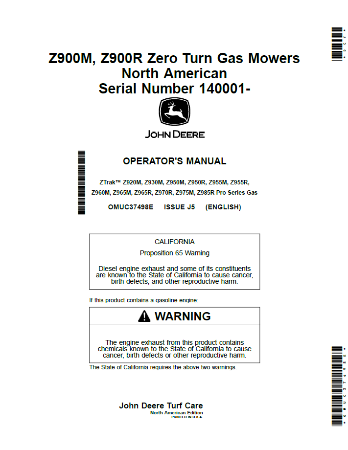 OMUC37498E John Deere Z900M & Z900R Zero Turn Gas Mower Operator Manual