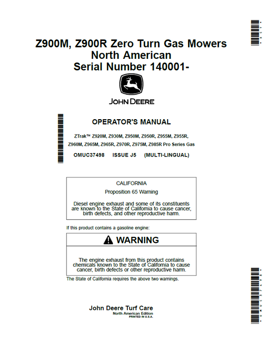 OMUC37498 John Deere Z900M & Z900R Operator Manual PDF Guide