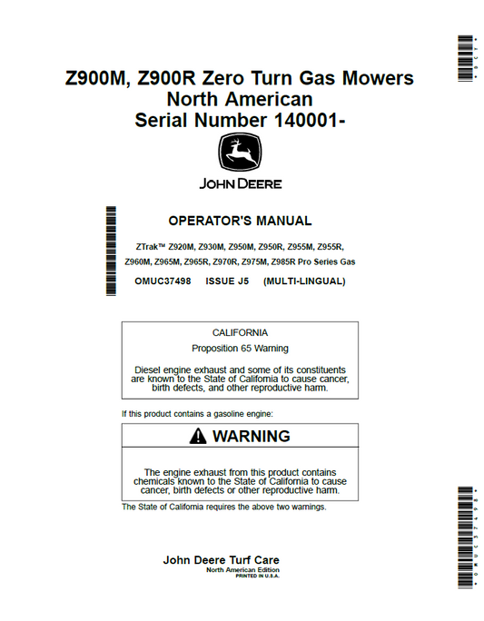 OMUC37498 John Deere Z900M & Z900R Zero Turn Mower Operator Manual