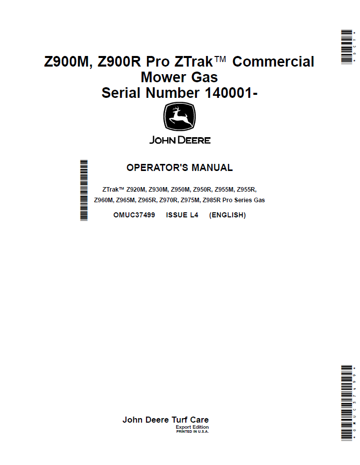 OMUC37499 John Deere Z900M & Z900R ZTrak Gas Operator Manual