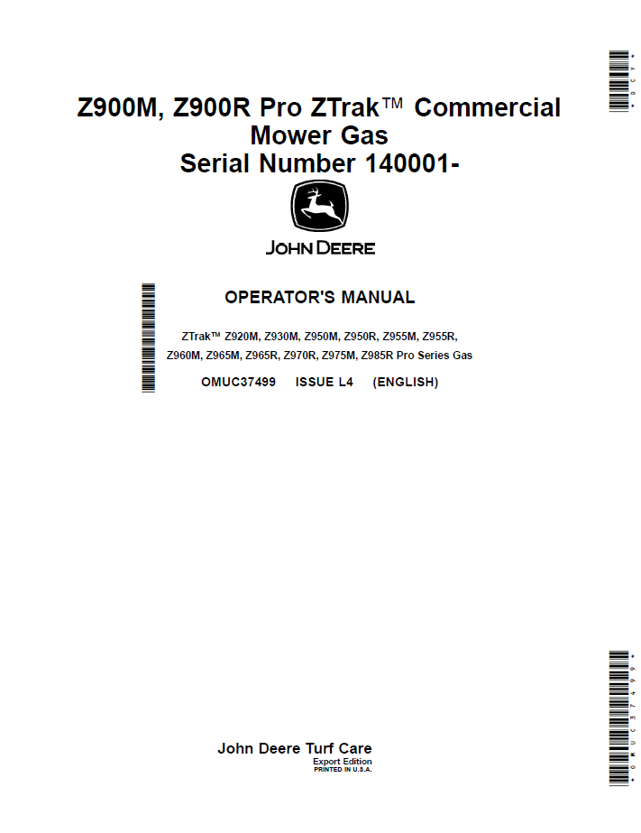 OMUC37499 John Deere Z900M/Z900R Zero Turn Operator Manual