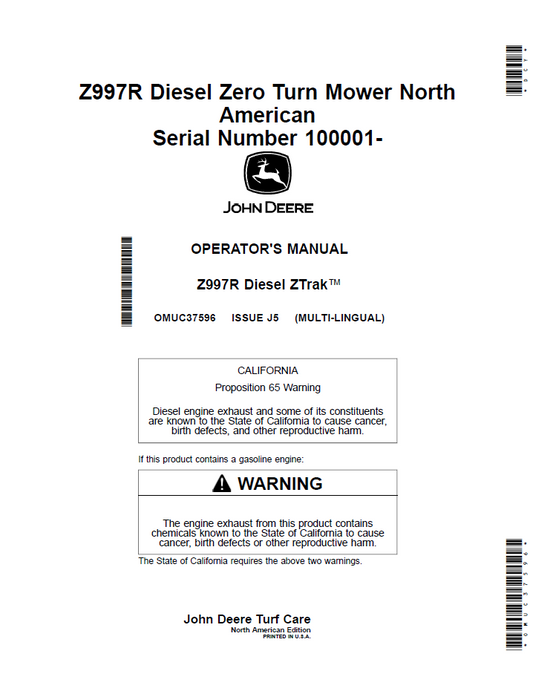 OMUC37596 - JOHN DEERE Z997R DIESEL ZERO TURN MOWER NORTH AMERICAN (NORTH AMERICAN EDITION) OPERATOR MANUAL