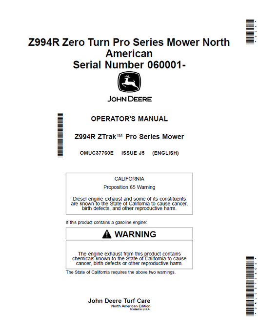 OMUC37760E - JOHN DEERE Z994R ZTRAK™ PRO SERIES MOWER OPERATOR MANUAL