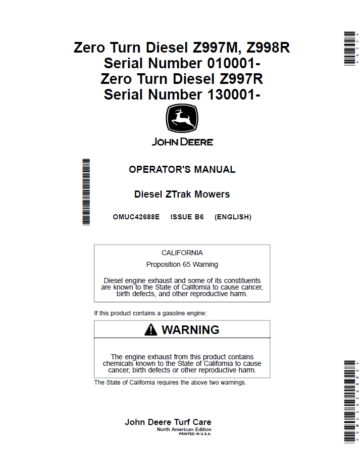 OMUC42688E - JOHN DEERE ZERO TURN DIESEL Z997M, Z998R, ZERO TURN DIESEL Z997R OPERATOR MANUAL