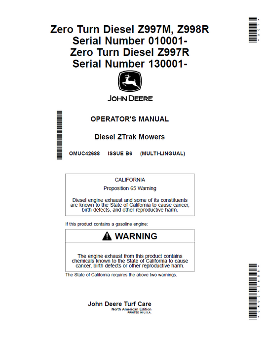 OMUC42688 - JOHN DEERE DIESEL ZTRAK MOWERS OPERATOR MANUAL