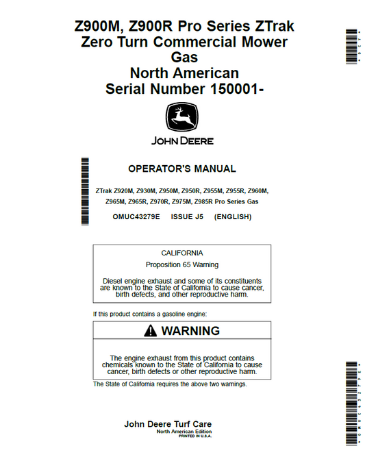 OMUC43279E John Deere Z900M & Z900R Pro ZTrak Zero Turn Gas Operator Manual PDF
