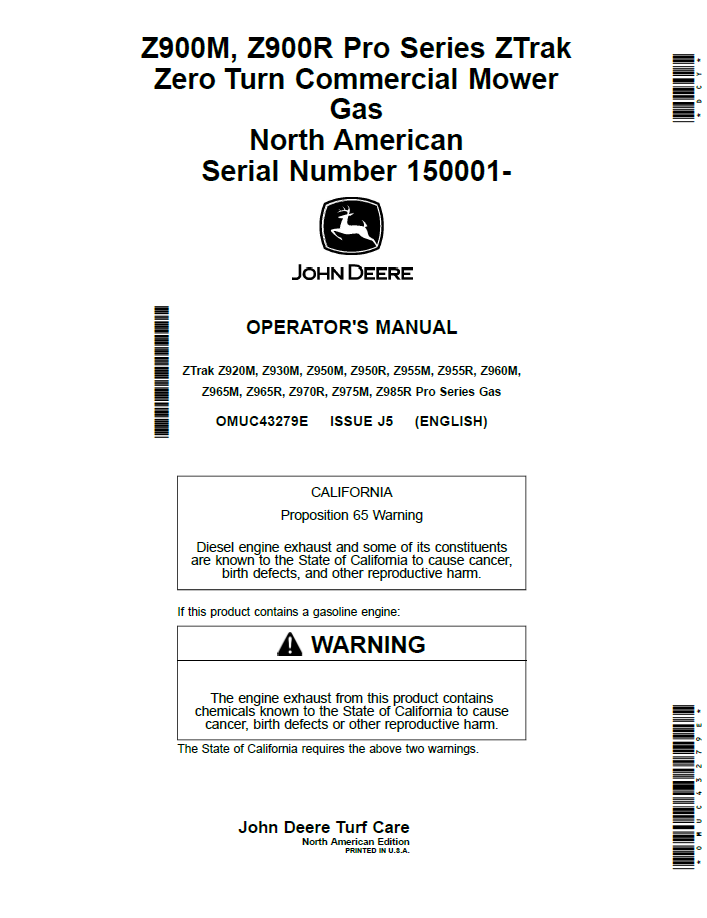 OMUC43279E John Deere Z900M & Z900R ZTrak Zero Turn Operator Manual