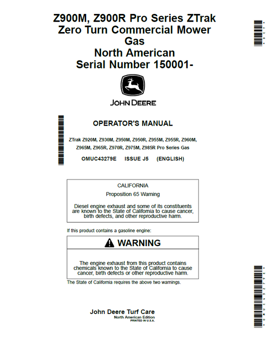 OMUC43279E John Deere Z900M & Z900R ZTrak Zero Turn Operator Manual