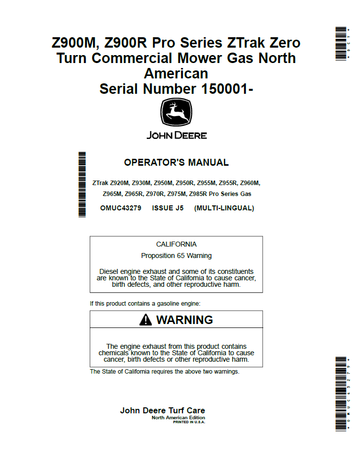OMUC43279 John Deere Z900M/Z900R ZTrak Zero Turn Operator Manual