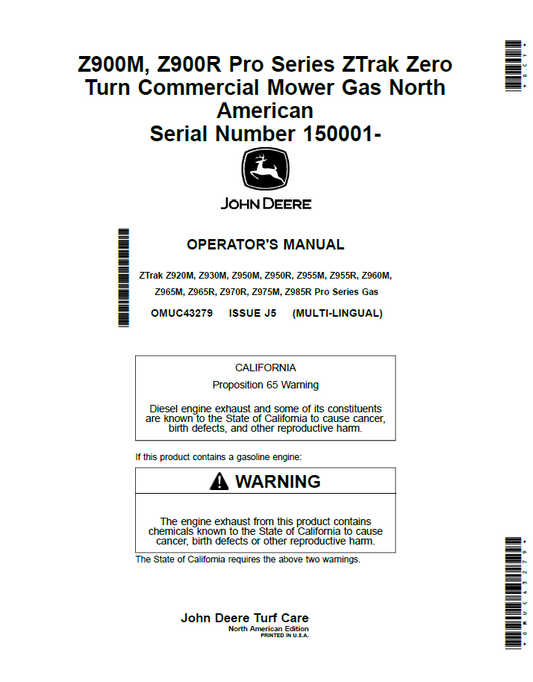 OMUC43279 John Deere Z900M/Z900R ZTrak Zero Turn Operator Manual
