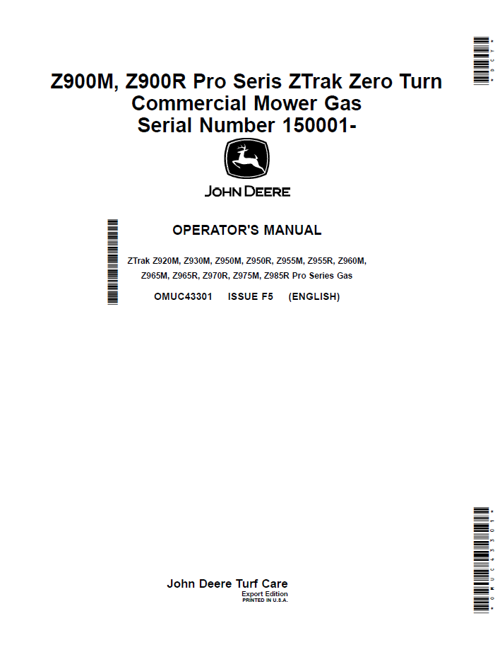 OMUC43301 John Deere Z900M & Z900R Pro Series ZTrak Operator Manual