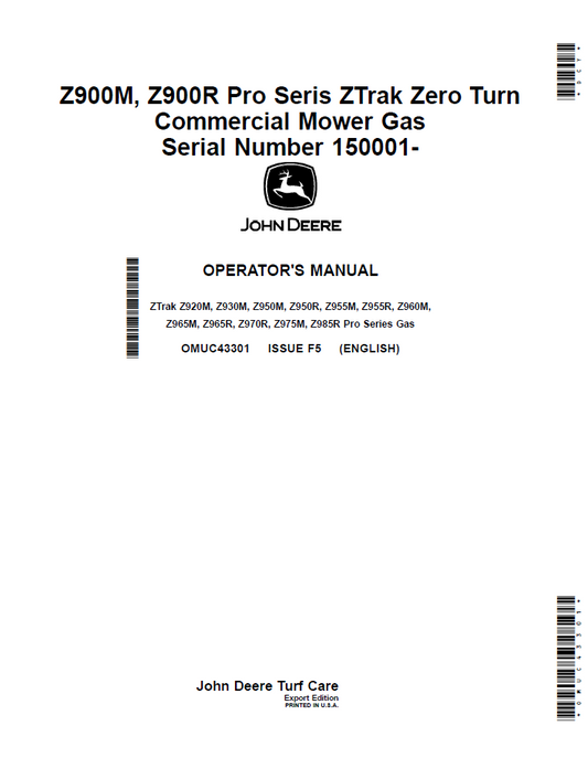 OMUC43301 John Deere Z900M & Z900R Pro Series ZTrak Operator Manual
