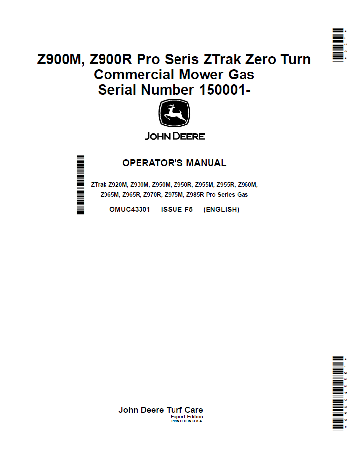 OMUC43301 John Deere Z900M & Z900R Pro ZTrak Operator Manual