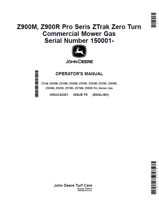 OMUC43301 John Deere Z900M & Z900R Pro ZTrak Operator Manual