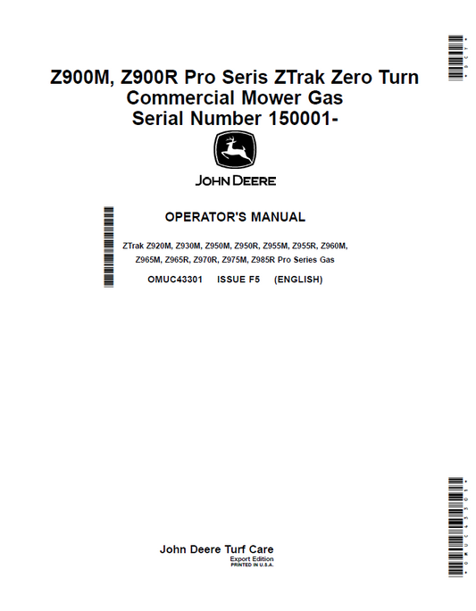 OMUC43301 John Deere Z900M & Z900R ZTrak Zero Turn Operator Manual