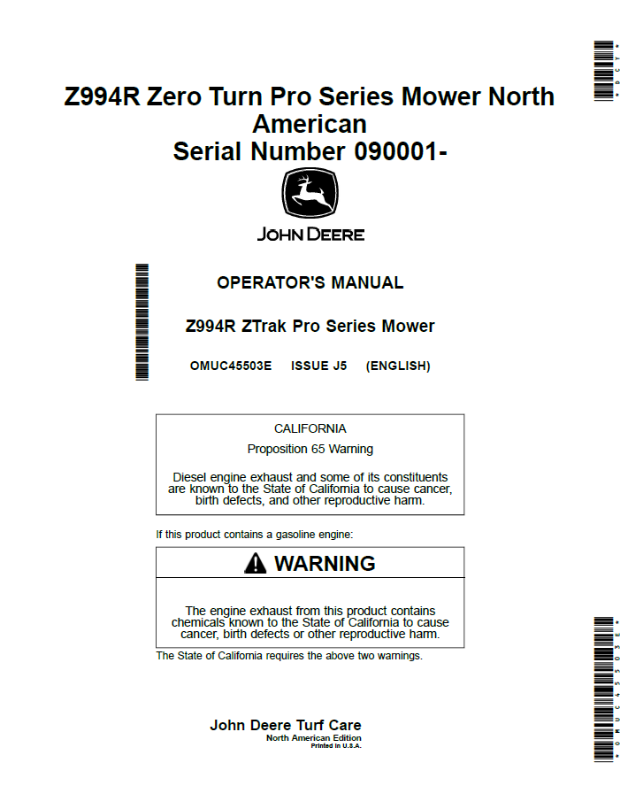 OMUC45503E - JOHN DEERE Z994R ZTRAK PRO SERIES MOWER OPERATOR MANUAL