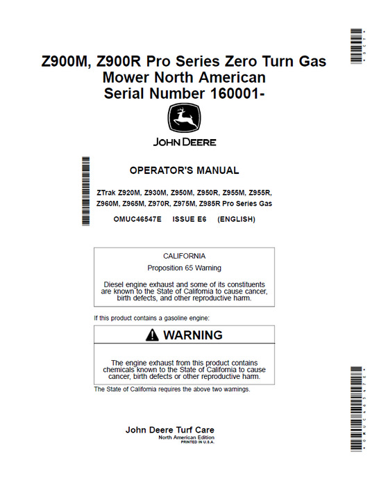 OMUC46547E John Deere Z900M & Z900R Pro Zero Turn Operator Manual
