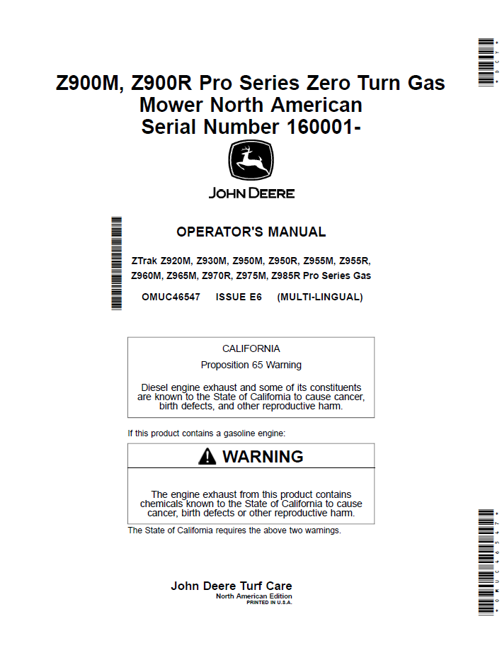 OMUC46547 John Deere Z900M & Z900R Pro Series Zero Turn Mower Operator Manual