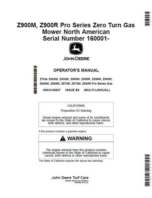 OMUC46547 John Deere Z900M & Z900R Pro Series Zero Turn Mower Operator Manual