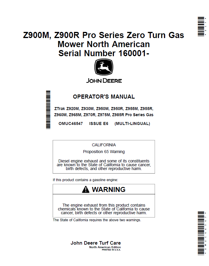 OMUC46547 John Deere Z900M & Z900R Pro Series Zero Turn Operator Manual