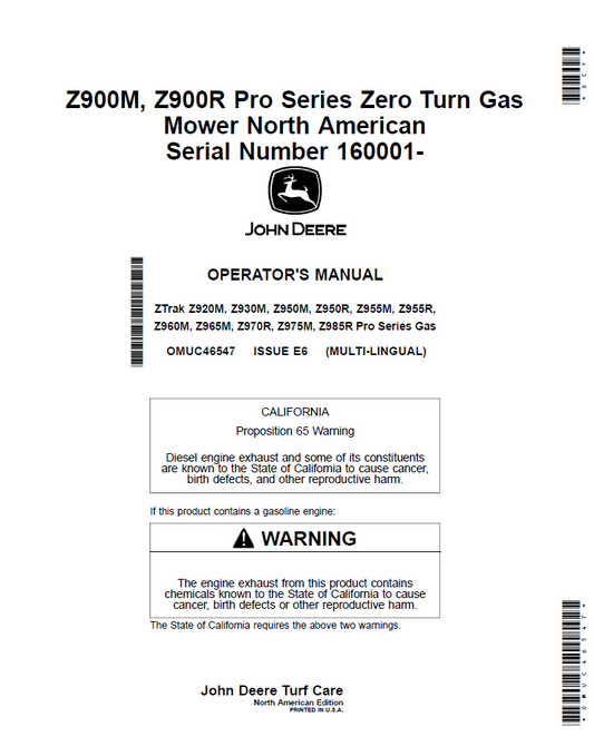 OMUC46547 John Deere Z900M & Z900R Pro Series Zero Turn Operator Manual