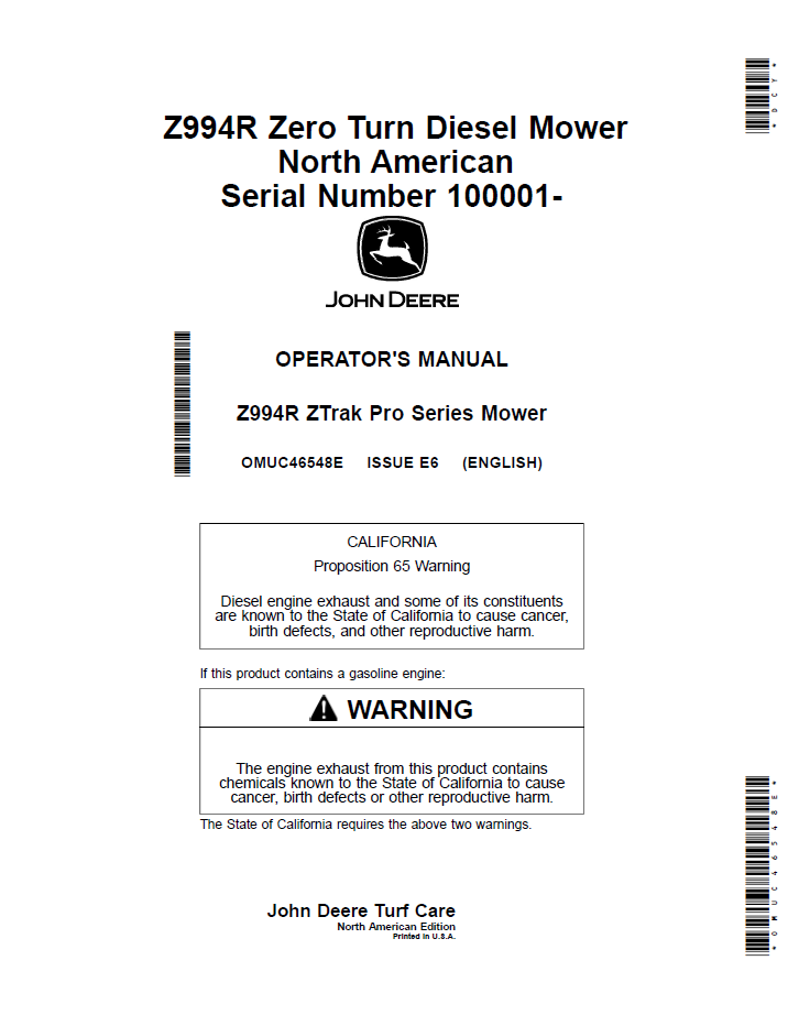 OMUC46548E - JOHN DEERE Z994R ZTRAK PRO SERIES MOWER OPERATOR MANUAL