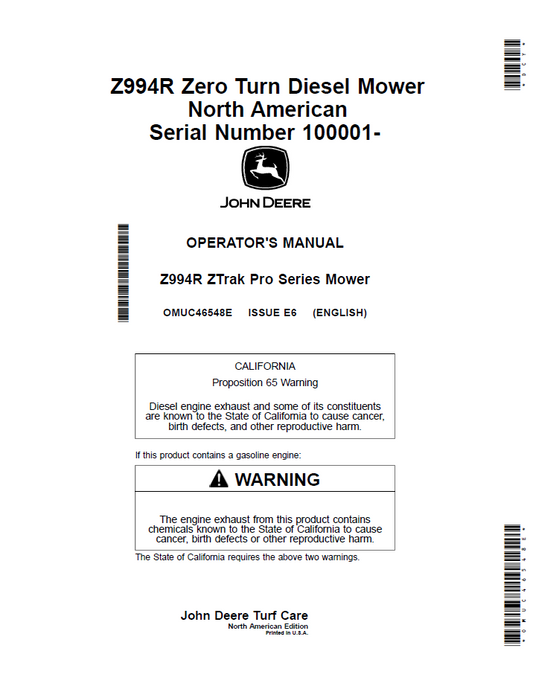 OMUC46548E - JOHN DEERE Z994R ZTRAK PRO SERIES MOWER OPERATOR MANUAL