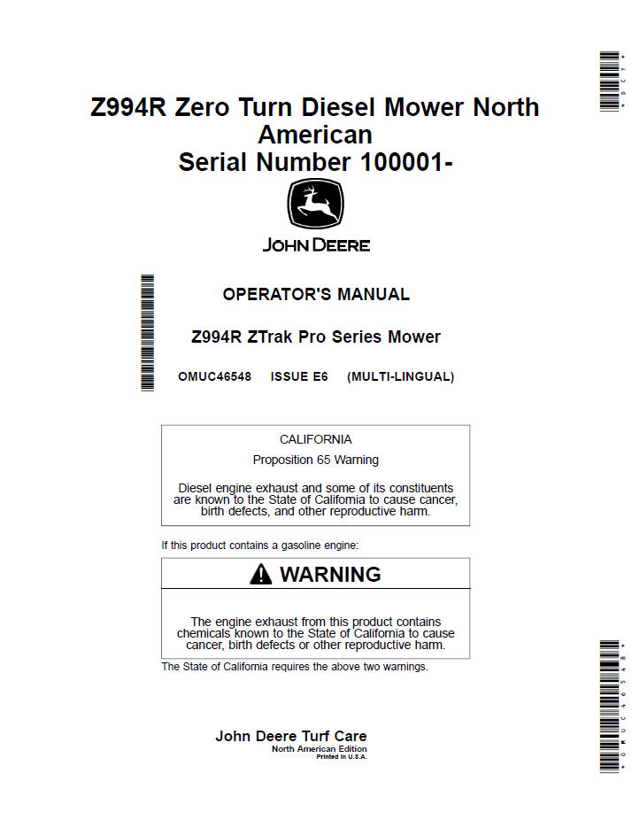 OMUC46548 - JOHN DEERE Z994R ZTRAK PRO SERIES MOWER OPERATOR MANUAL