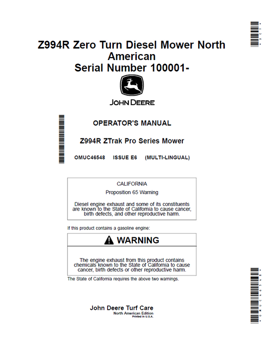 OMUC46548 - JOHN DEERE Z994R ZTRAK PRO SERIES MOWER OPERATOR MANUAL