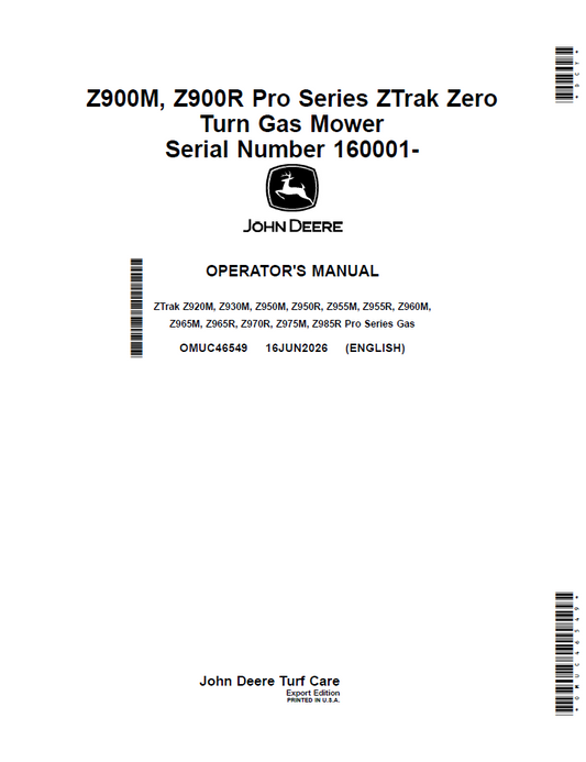 OMUC46549 John Deere Z900M & Z900R Pro Series ZTrak Operator Manual PDF