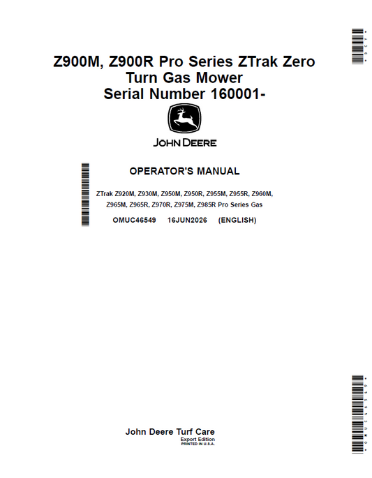 OMUC46549 John Deere Z900M & Z900R ZTrak Operator Manual PDF