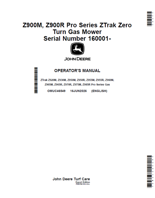 OMUC46549 John Deere Z900M & Z900R ZTrak Operator Manual PDF Guide
