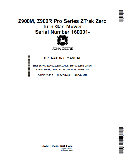 OMUC46549 John Deere Z900M & Z900R ZTrak Zero Turn Mower Manual