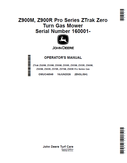 OMUC46549 John Deere ZTrak Pro Series Gas Mower Operator Manual (Z920M–Z985R)