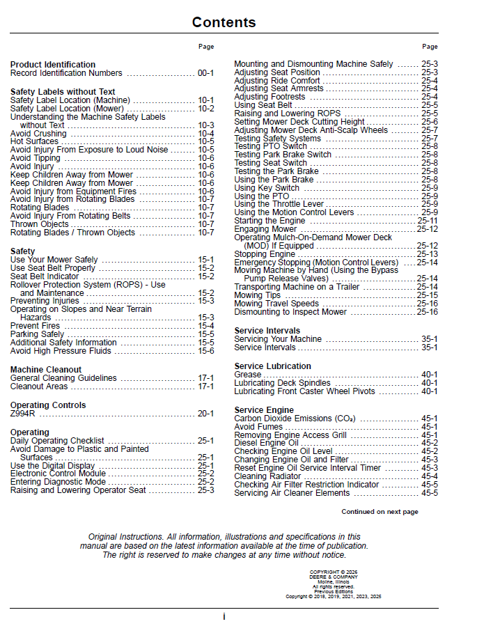 OMUC46550 Z994R ZTrak Pro Series John Deere Mower Service & Operator Manual