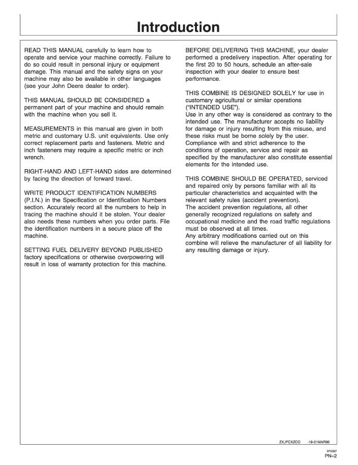 OMZ92467 John Deere 1170 Combine Operation & Maintenance Guide